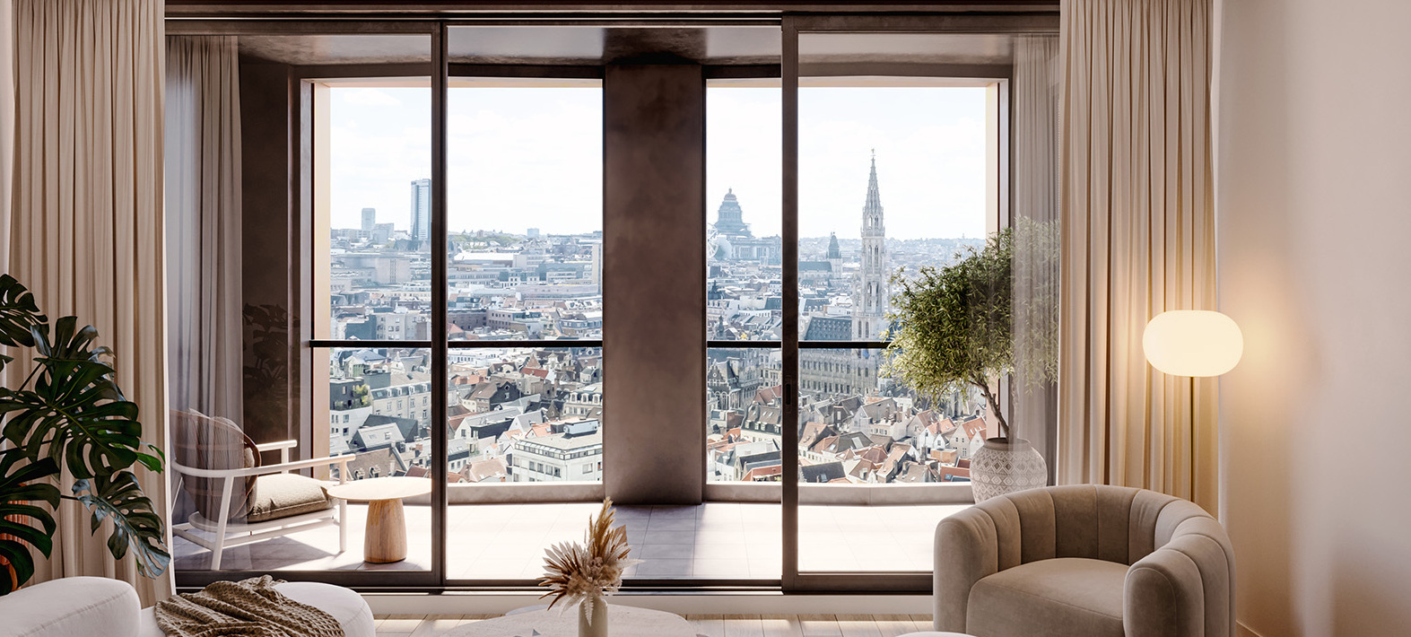 salon joliment aménagé et une vue sur bruxelles